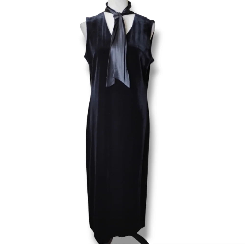 Talbots Vintage Black Velvet Elegant Black Tie Maxi Dress Silk Neck Scarf 12